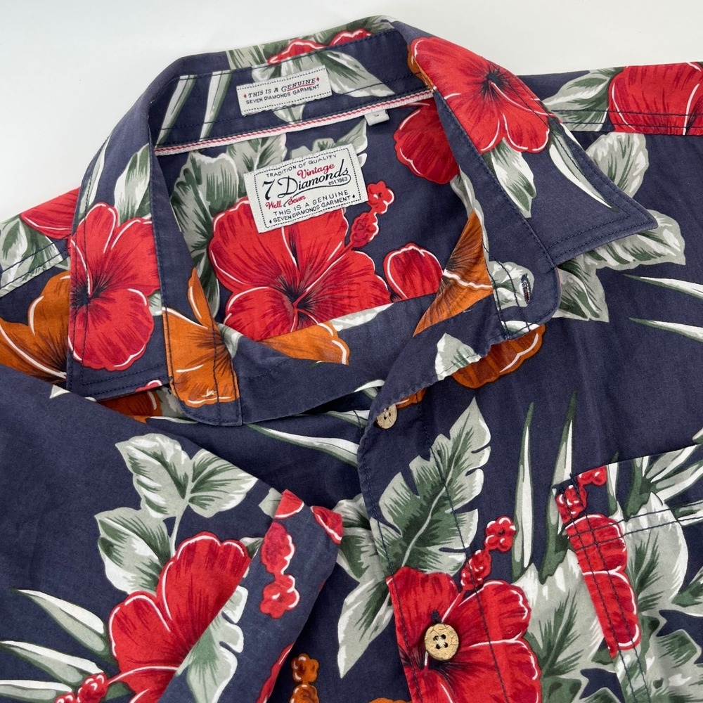 7 Diamonds Button Down Shirt Men S Navy Blue Hibiscus Floral Short Sleeve Pocket